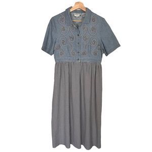Vintage 90's Plaza South Cottagecore Womens Dress Denim Gingham Check Prairie 12